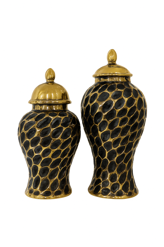 Midnight Luxe Ceramic Jar Set – Gold & Black Textured Design
