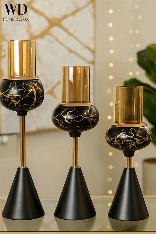 Elegant Noir & Gold Candle Holder Set (3-Piece)