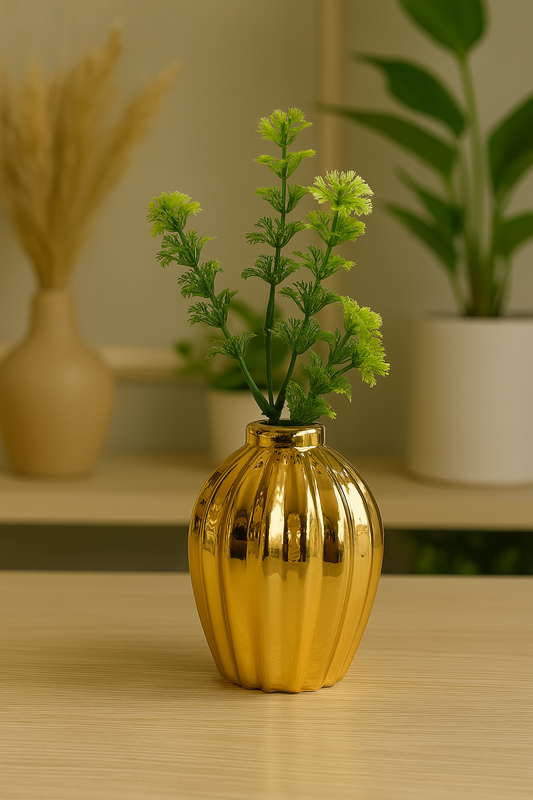 Luxe Ribbed Gold Vase with Faux Greenery